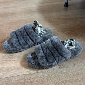 UGG Charcoal Plush Shearling Slide Sandals with Branded Heel Strap